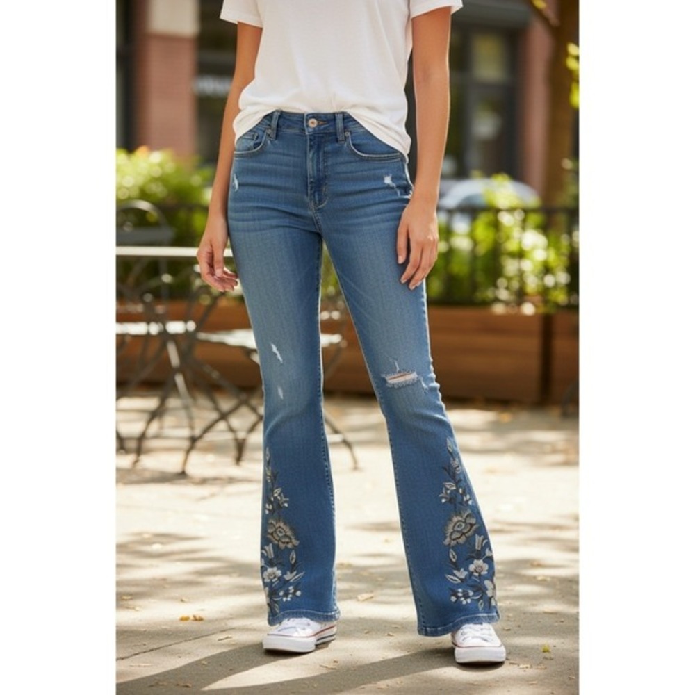 Celebrity Pink RE Generation Mid Rise‎ Flare Jeans Floral Embroidered 26x30 Boho - Picture 10 of 10
